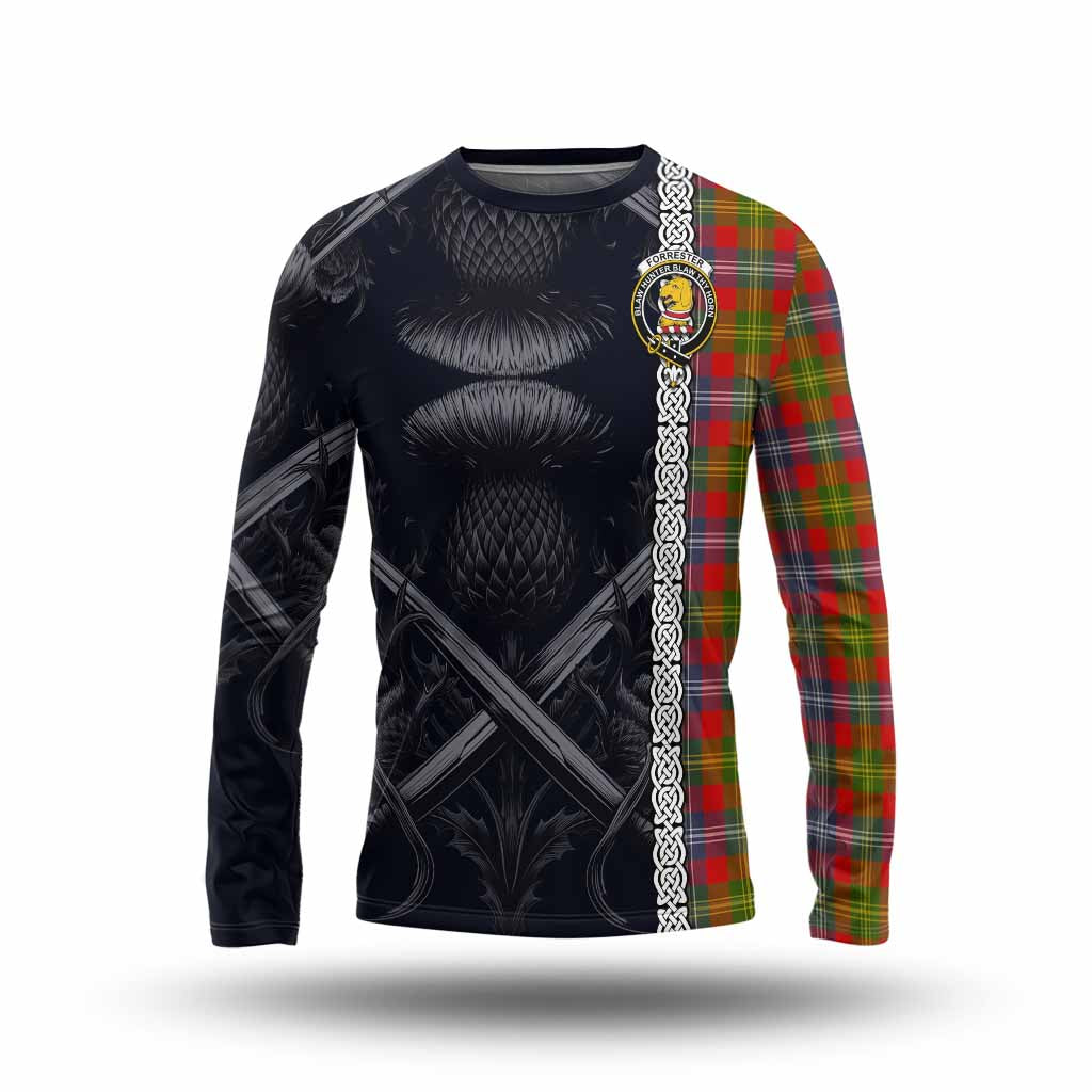 Tartan Vibes Clothing Forrester (Foster) Tartan Long Sleeve T-Shirt with Family Crest Cross Sword Thistle Celtic Vibes