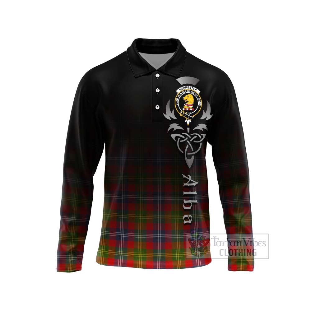 Tartan Vibes Clothing Forrester (Foster) Tartan Long Sleeve Polo Shirt Featuring Alba Gu Brath Family Crest Celtic Inspired