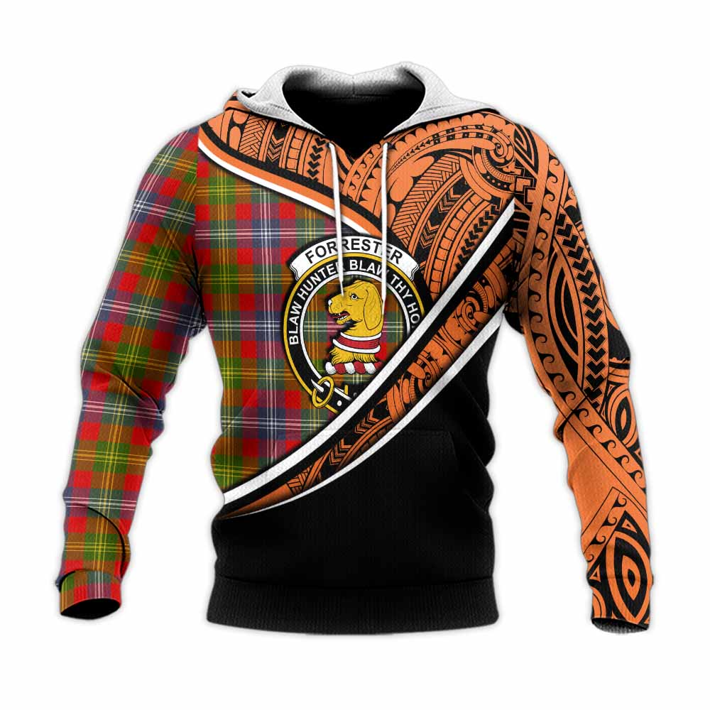 Tartan Vibes Clothing Forrester (Foster) Crest Tartan Knitted Hoodie with Maori Tattoo Style - Orange Version