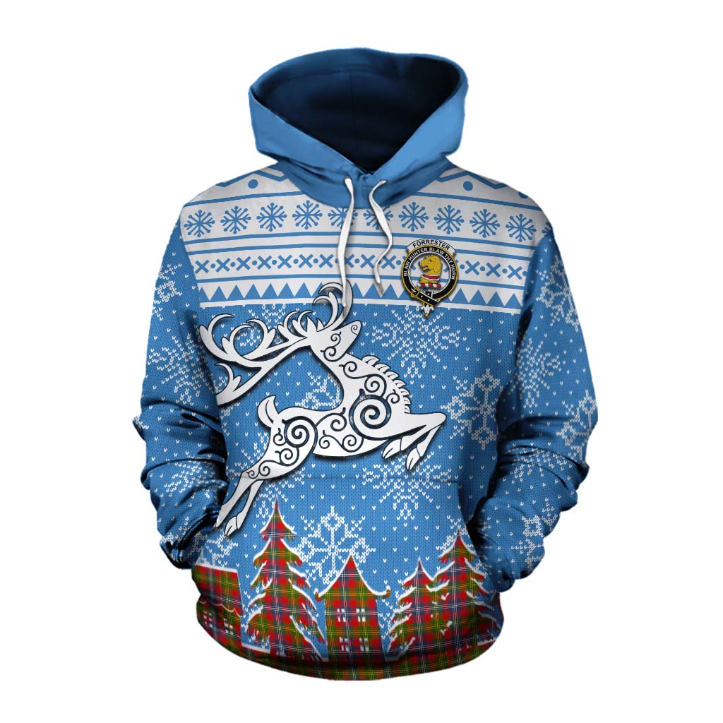 Tartan Vibes Clothing Forrester (Foster) Clan Christmas Cotton Hoodie Celtic Reindeer Style