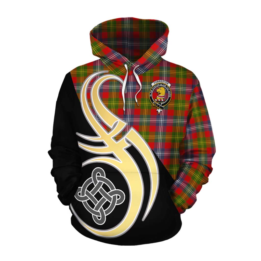 Tartan Vibes Clothing Forrester (Foster) Tartan Cotton Hoodie with Family Crest and Celtic Symbol Style