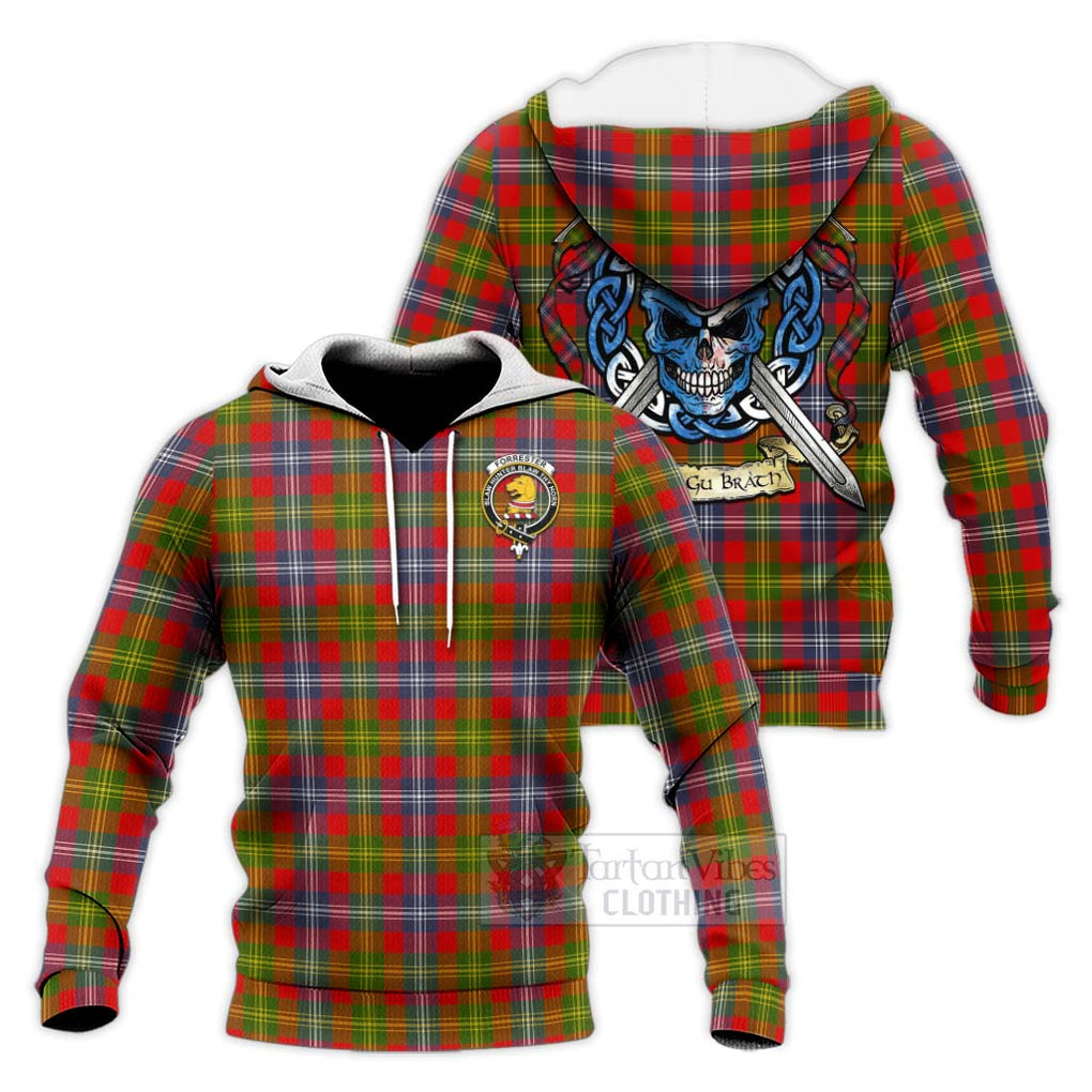 Tartan Vibes Clothing Forrester (Foster) Tartan Knitted Hoodie with Family Crest Celtic Skull Style