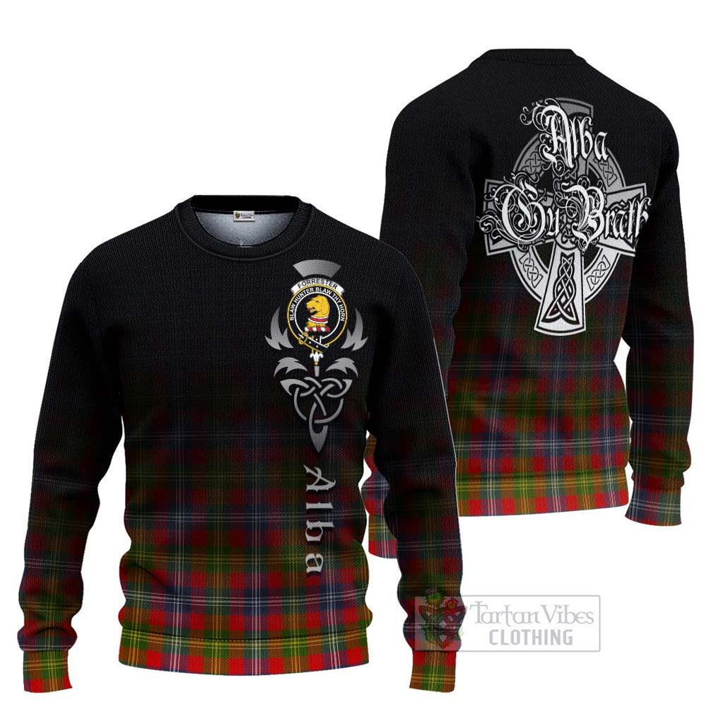 Tartan Vibes Clothing Forrester (Foster) Tartan Knitted Sweater Featuring Alba Gu Brath Family Crest Celtic Inspired