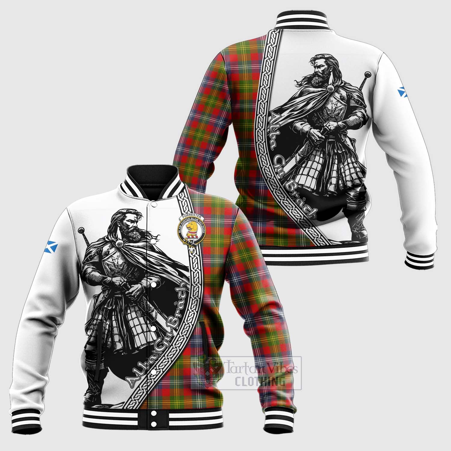 Tartan Vibes Clothing Forrester (Foster) Tartan Clan Crest Baseball Jacket with Highlander Warrior Celtic Style