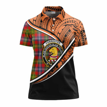 Forrester (Foster) Crest Tartan Women's Polo Shirt with Polynesian Vibes Style - Orange Version