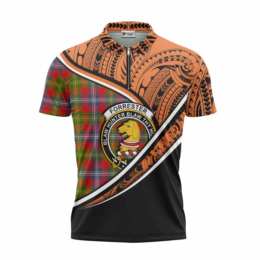 Tartan Vibes Clothing Forrester (Foster) Crest Tartan Zipper Polo Shirt with Maori Tattoo Style - Orange Version