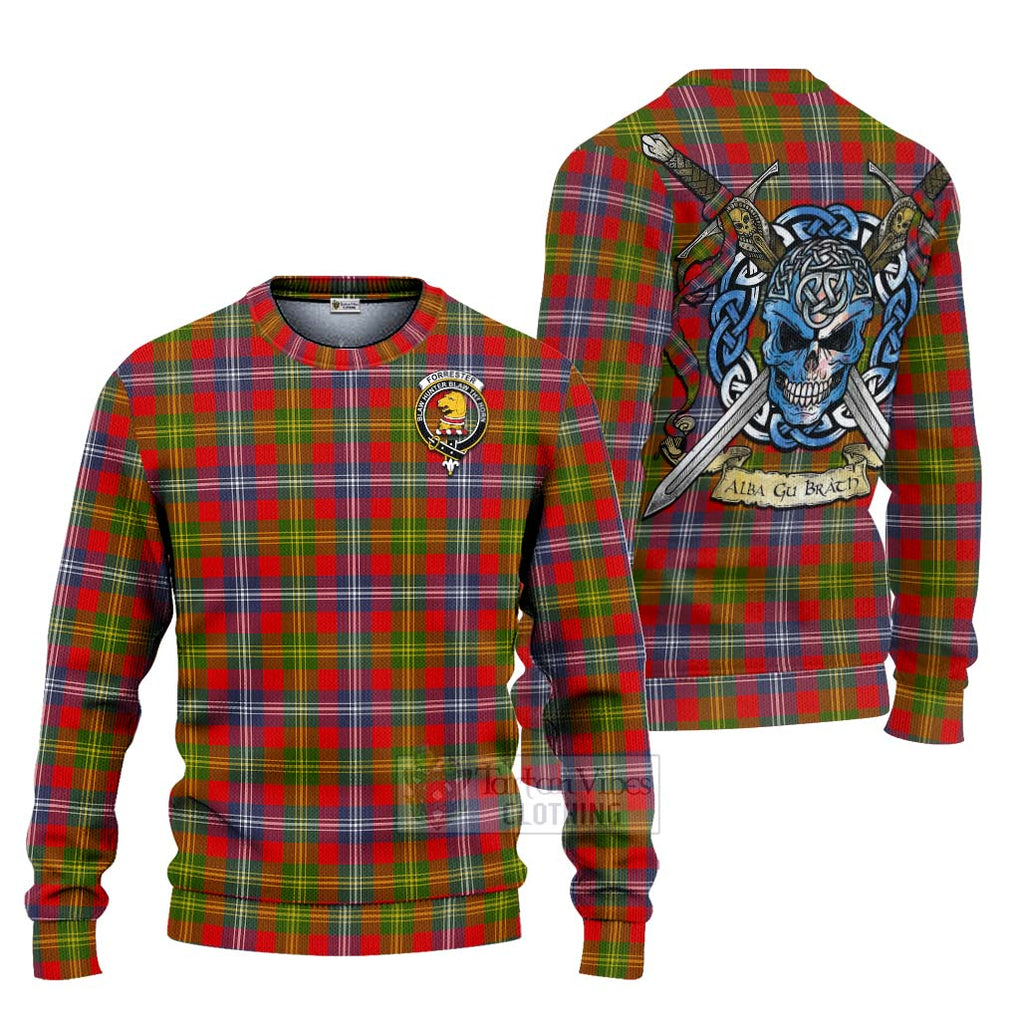 Tartan Vibes Clothing Forrester (Foster) Tartan Knitted Sweater with Family Crest Celtic Skull Style