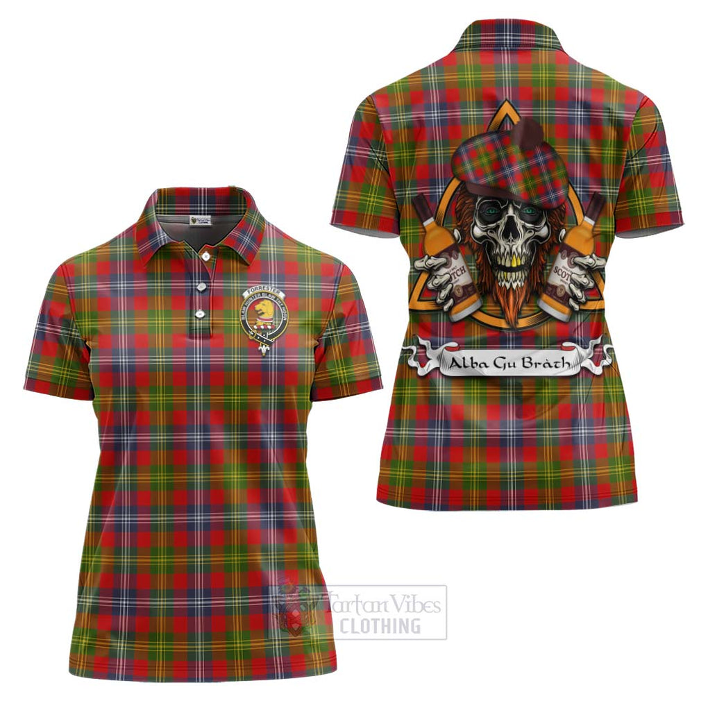 Tartan Vibes Clothing Forrester (Foster) Tartan Women's Polo Shirt with Family Crest and Bearded Skull Holding Bottles of Whiskey