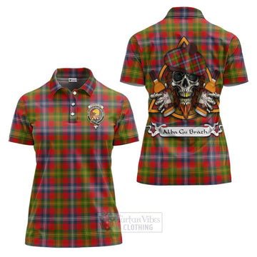 Forrester (Foster) Tartan Women's Polo Shirt with Family Crest and Bearded Skull Holding Bottles of Whiskey