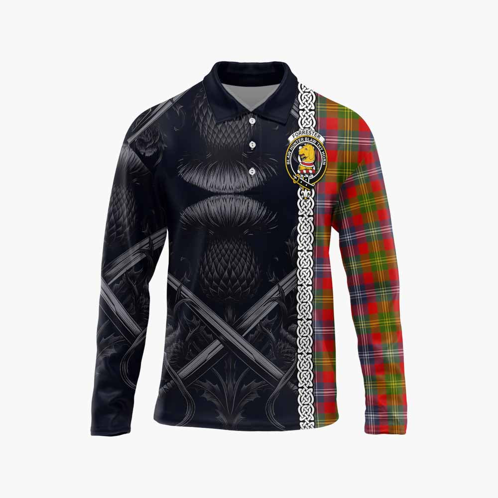 Tartan Vibes Clothing Forrester (Foster) Tartan Long Sleeve Polo Shirt with Family Crest Cross Sword Thistle Celtic Vibes