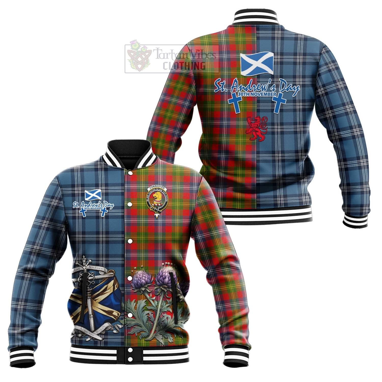 Tartan Vibes Clothing Forrester (Foster) Tartan Baseball Jacket Happy St. Andrew's Day Half Tartan Style