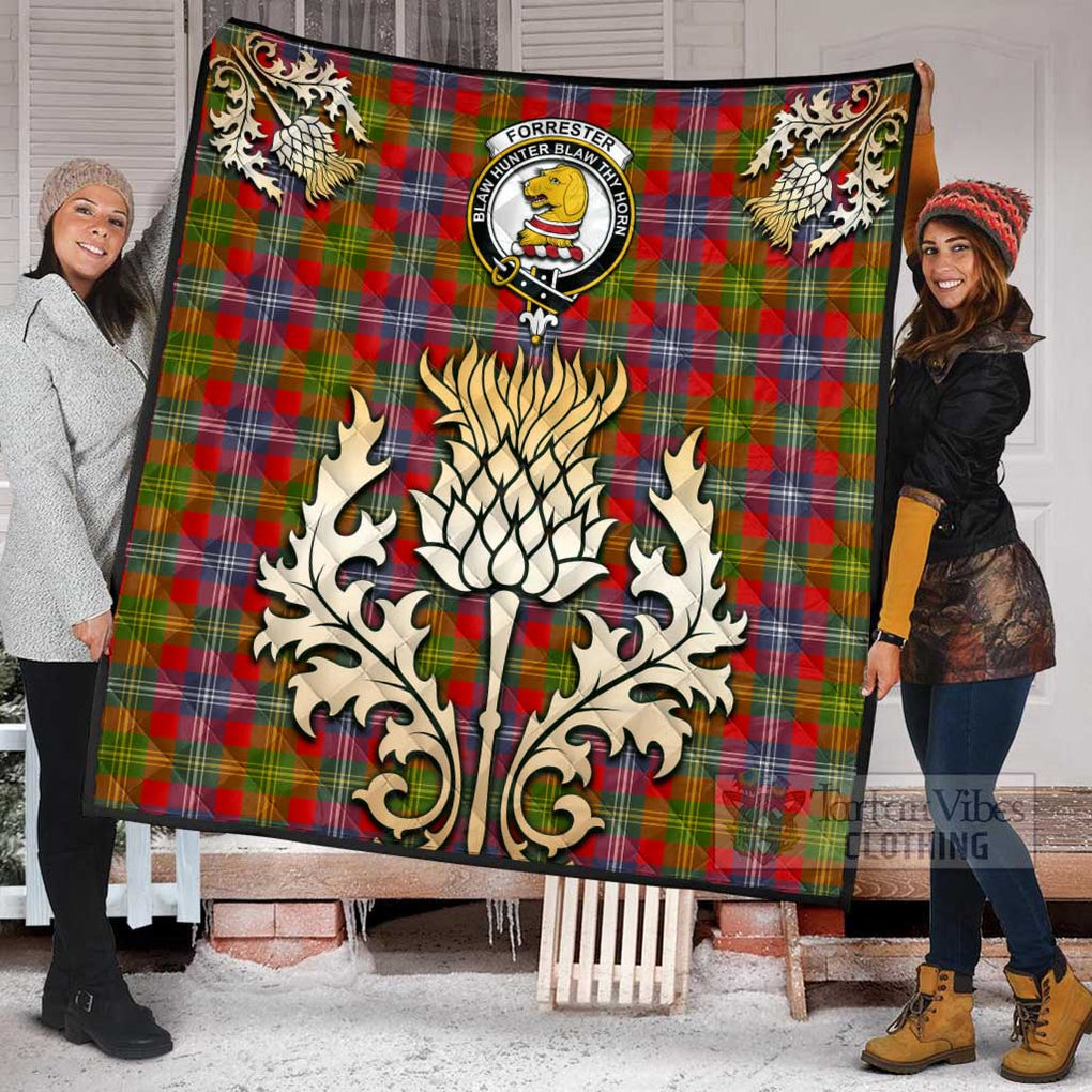 Tartan Vibes Clothing Forrester (Foster) Tartan Quilt with Family Crest and Golden Thistle Style