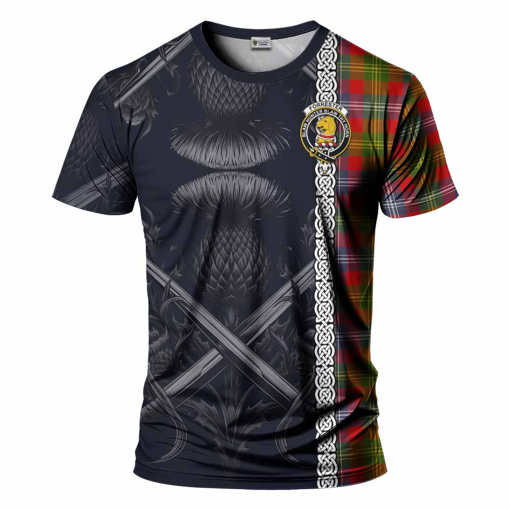 Tartan Vibes Clothing Forrester (Foster) Tartan T-Shirt with Family Crest Cross Sword Thistle Celtic Vibes