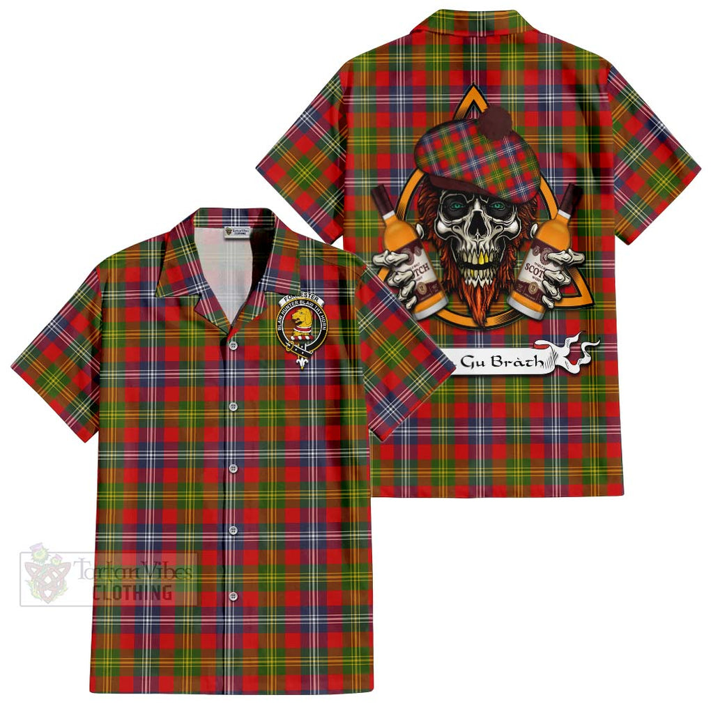 Tartan Vibes Clothing Forrester (Foster) Tartan Short Sleeve Button Shirt with Family Crest and Bearded Skull Holding Bottles of Whiskey