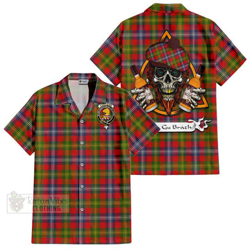 Forrester (Foster) Tartan Short Sleeve Button Shirt with Family Crest and Bearded Skull Holding Bottles of Whiskey