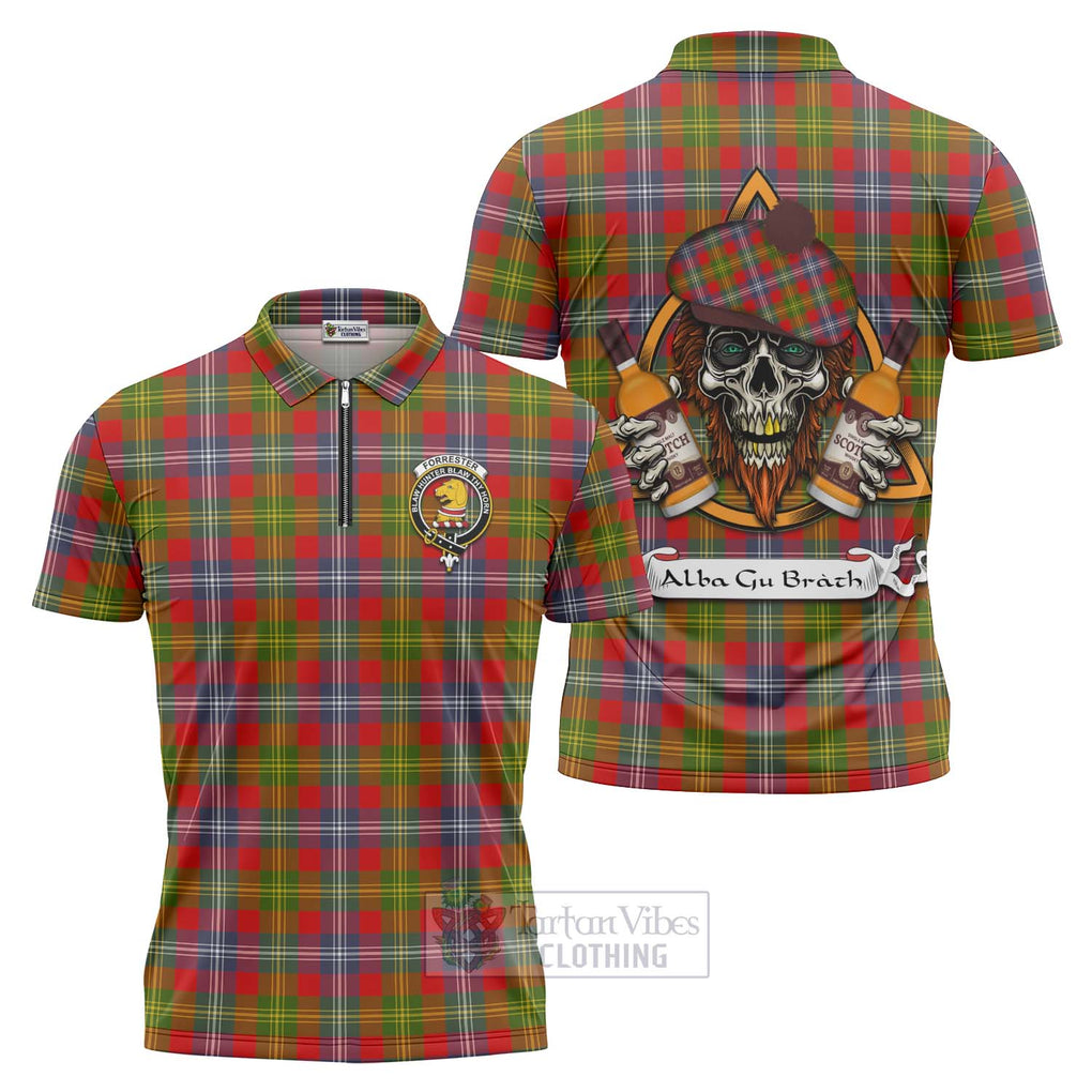 Tartan Vibes Clothing Forrester (Foster) Tartan Zipper Polo Shirt with Family Crest and Bearded Skull Holding Bottles of Whiskey