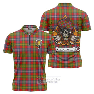 Forrester (Foster) Tartan Zipper Polo Shirt with Family Crest and Bearded Skull Holding Bottles of Whiskey