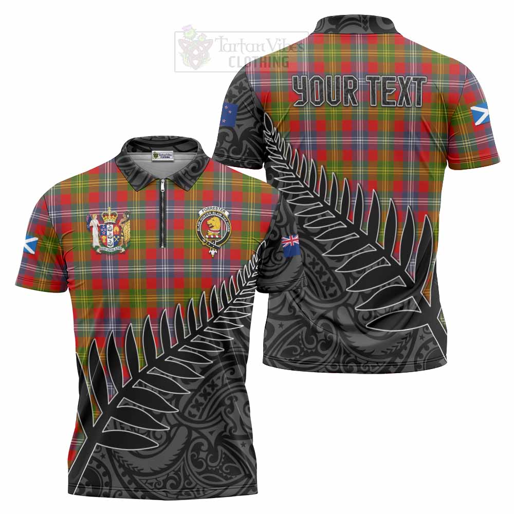 Tartan Vibes Clothing Forrester (Foster) Crest Tartan Zipper Polo Shirt with New Zealand Silver Fern Half Style