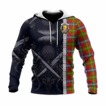 Forrester (Foster) Tartan Knitted Hoodie with Family Crest Cross Sword Thistle Celtic Vibes