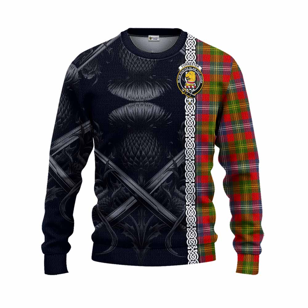 Tartan Vibes Clothing Forrester (Foster) Tartan Knitted Sweater with Family Crest Cross Sword Thistle Celtic Vibes