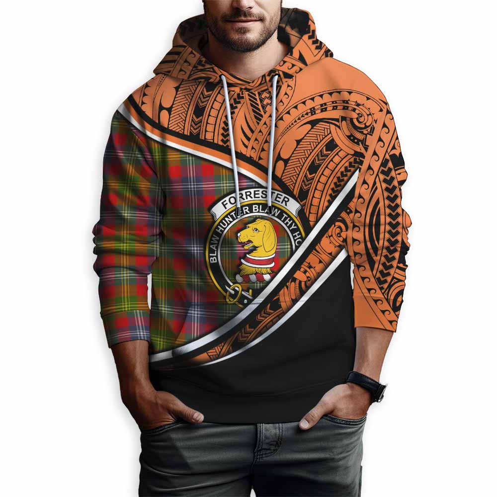 Tartan Vibes Clothing Forrester (Foster) Crest Tartan Hoodie with Maori Tattoo Style - Orange Version