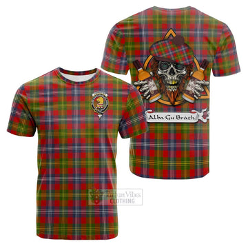 Forrester (Foster) Tartan Cotton T-shirt with Family Crest and Bearded Skull Holding Bottles of Whiskey