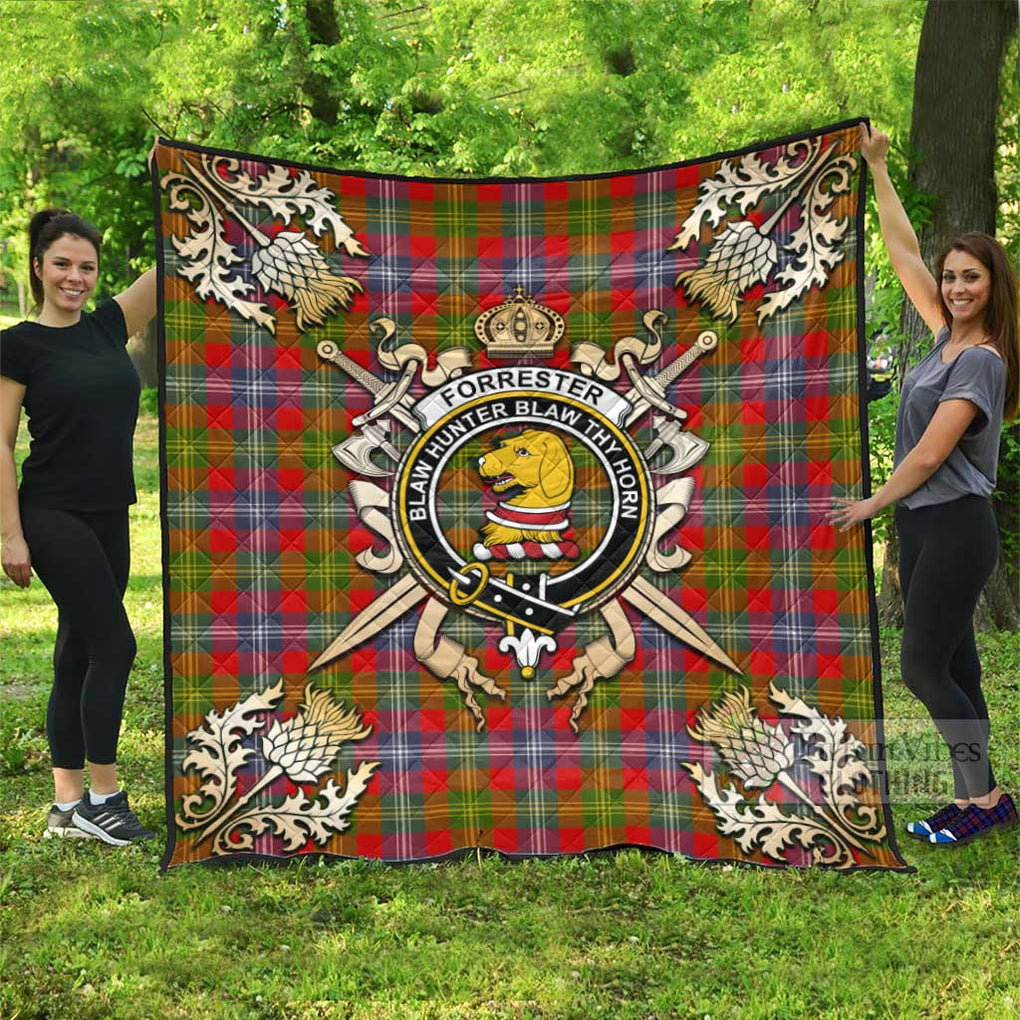 Tartan Vibes Clothing Forrester (Foster) Tartan Quilt with Family Crest and Scottish Golden Courage Shield