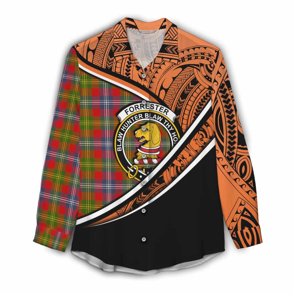 Tartan Vibes Clothing Forrester (Foster) Crest Tartan Women's Casual Shirt with Maori Tattoo Style - Orange Version