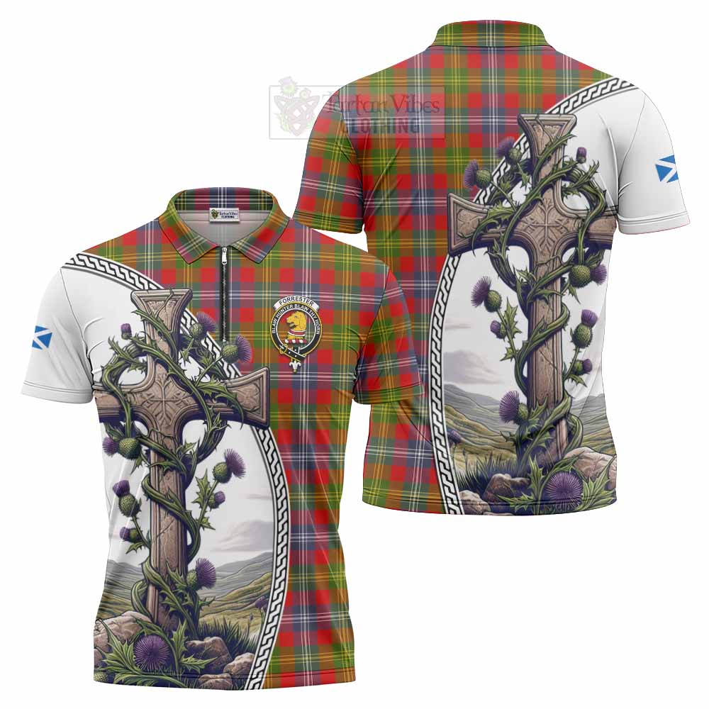 Tartan Vibes Clothing Forrester (Foster) Tartan Zipper Polo Shirt with Family Crest and St. Andrew's Cross Accented by Thistle Vines