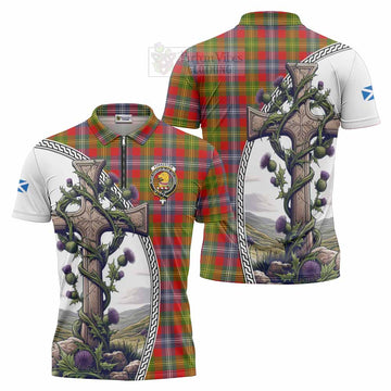 Forrester (Foster) Tartan Zipper Polo Shirt with Family Crest and St. Andrew's Cross Accented by Thistle Vines