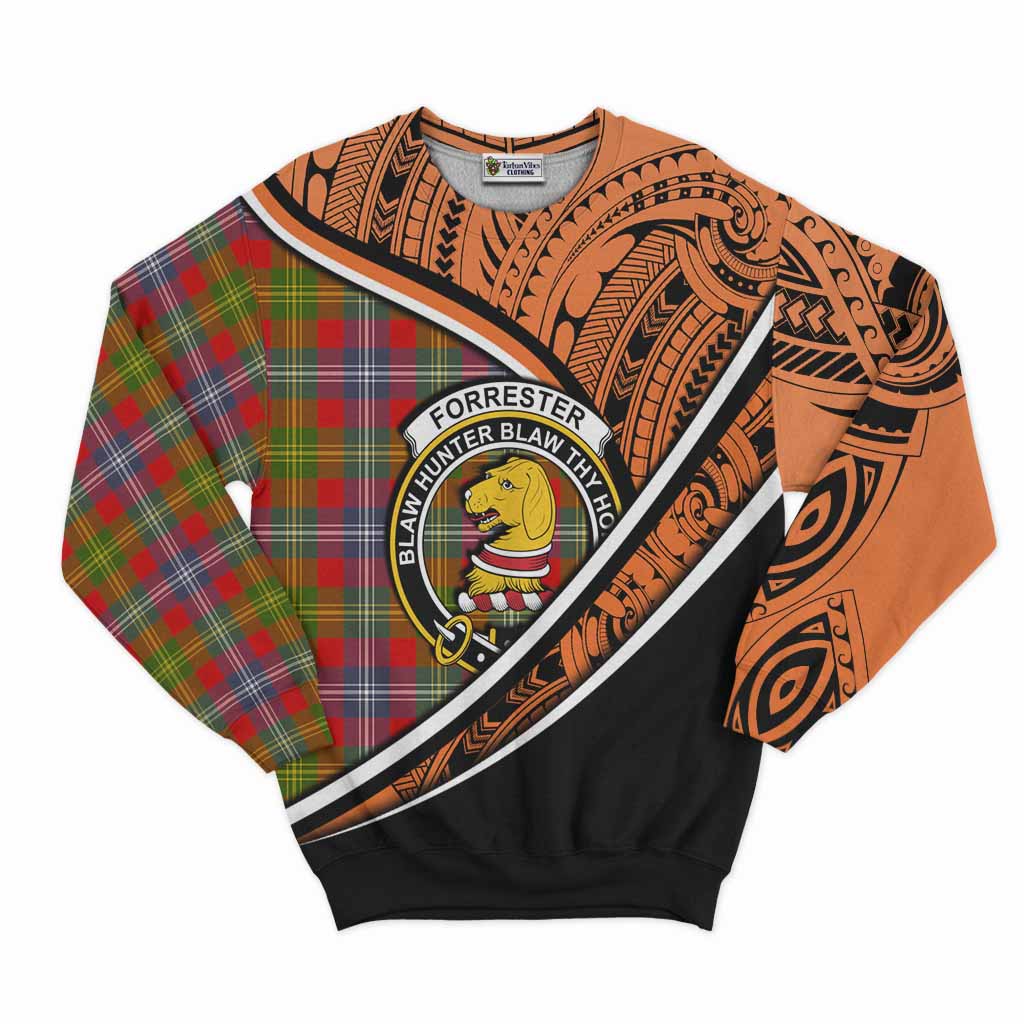 Tartan Vibes Clothing Forrester (Foster) Crest Tartan Sweatshirt with Maori Tattoo Style - Orange Version