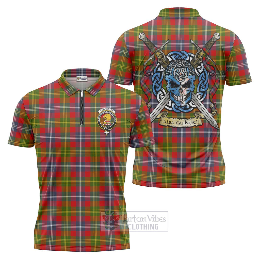 Tartan Vibes Clothing Forrester (Foster) Tartan Zipper Polo Shirt with Family Crest Celtic Skull Style