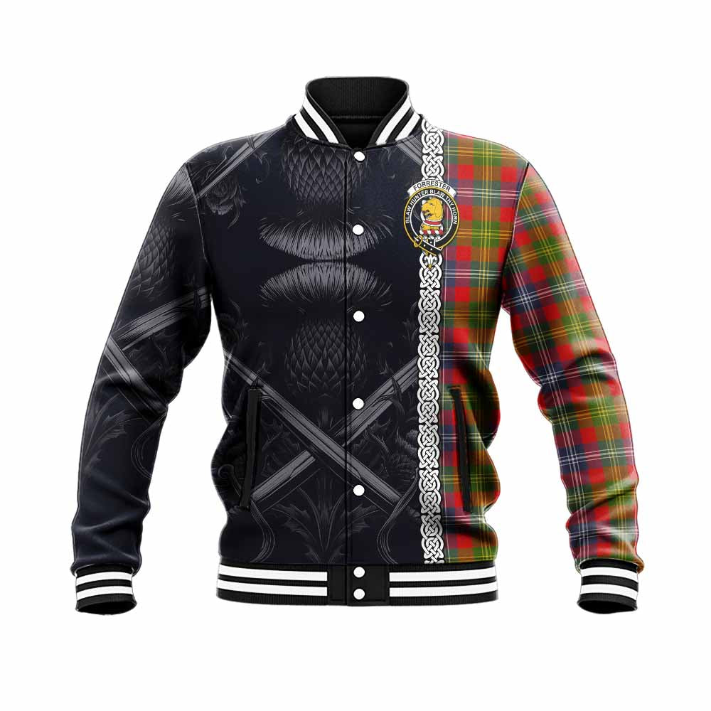 Tartan Vibes Clothing Forrester (Foster) Tartan Baseball Jacket with Family Crest Cross Sword Thistle Celtic Vibes