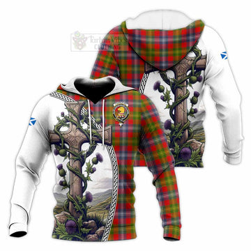 Forrester (Foster) Tartan Knitted Hoodie with Family Crest and St. Andrew's Cross Accented by Thistle Vines