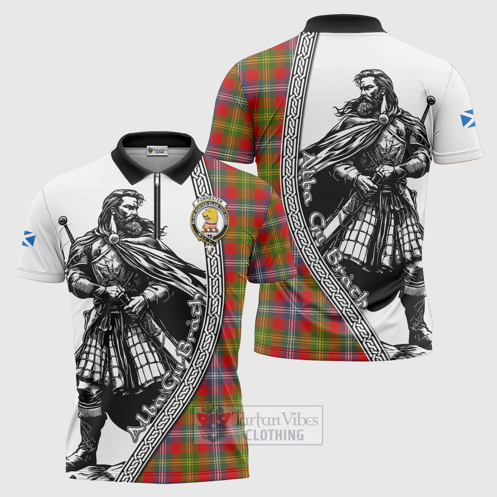 Tartan Vibes Clothing Forrester (Foster) Tartan Clan Crest Zipper Polo Shirt with Highlander Warrior Celtic Style