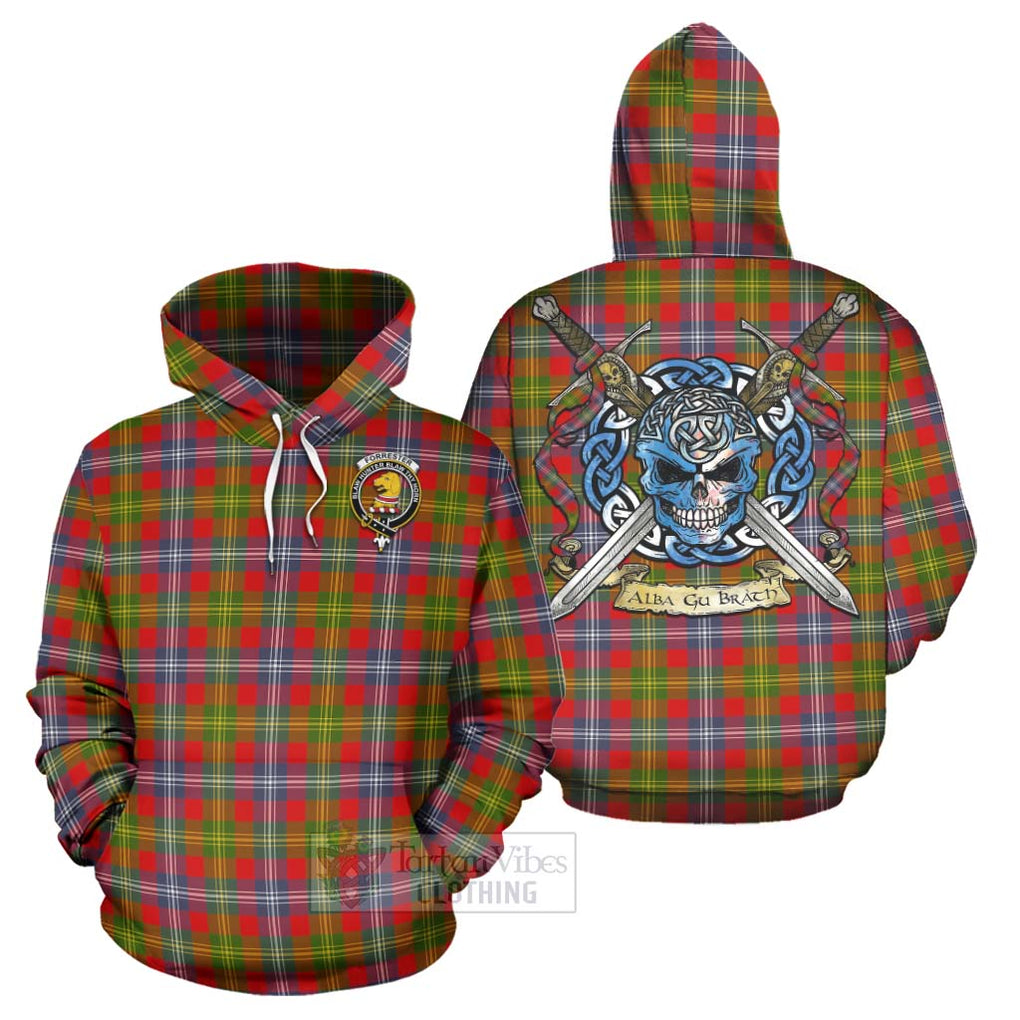 Tartan Vibes Clothing Forrester (Foster) Tartan Hoodie with Family Crest Celtic Skull Style