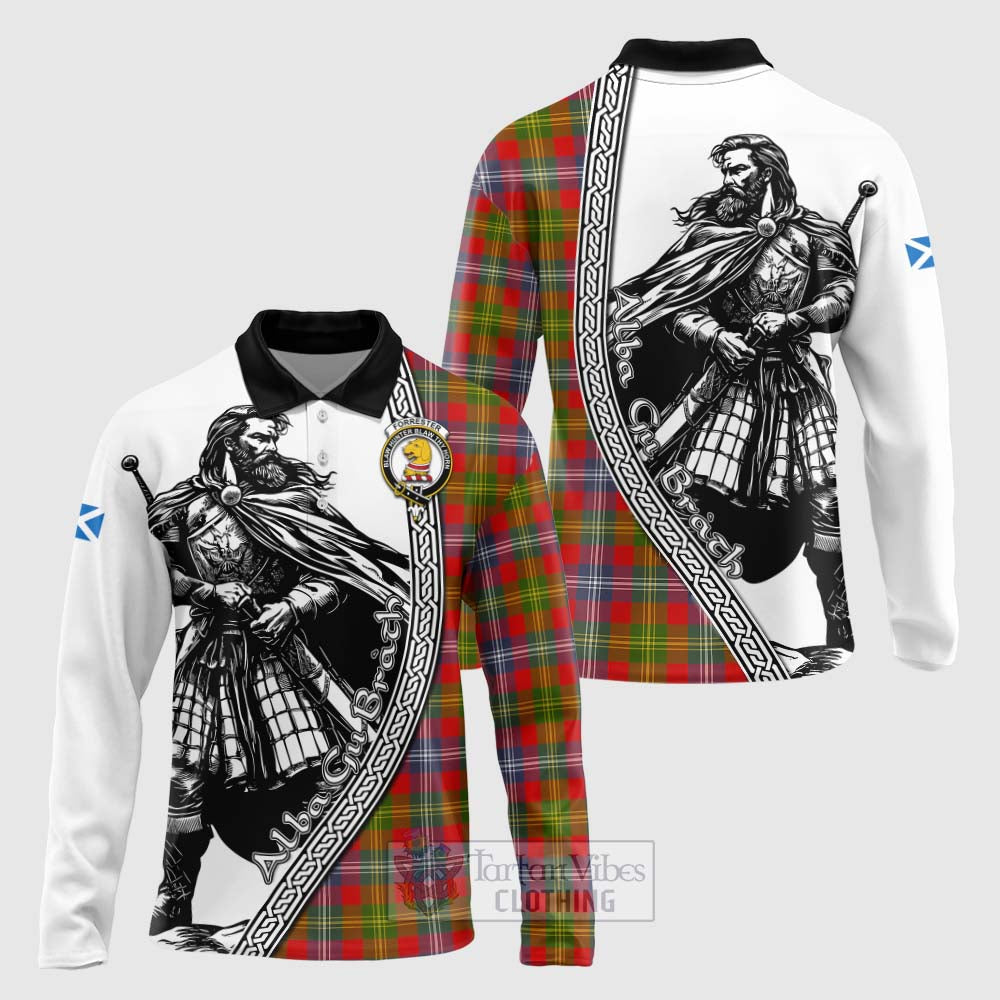 Tartan Vibes Clothing Forrester (Foster) Tartan Clan Crest Long Sleeve Polo Shirt with Highlander Warrior Celtic Style