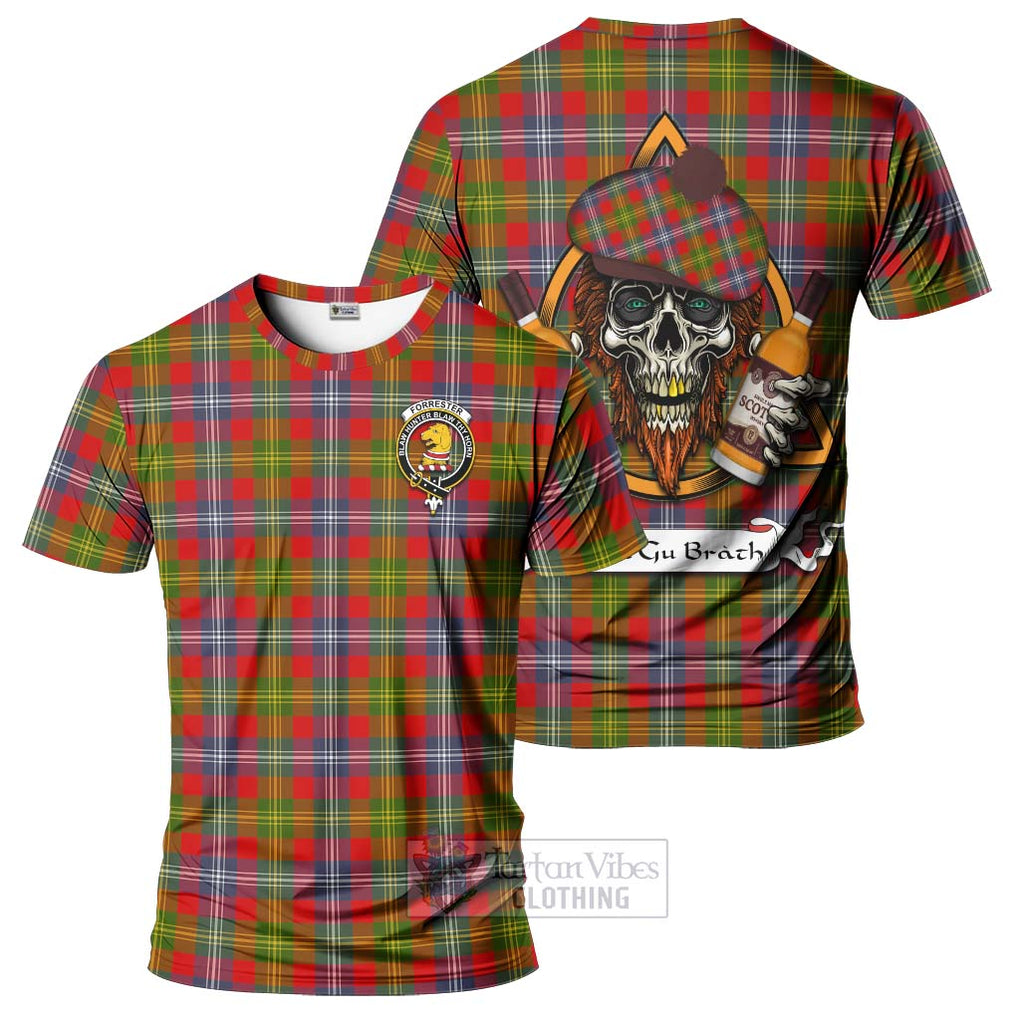 Tartan Vibes Clothing Forrester (Foster) Tartan T-Shirt with Family Crest and Bearded Skull Holding Bottles of Whiskey