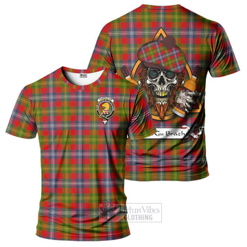 Forrester (Foster) Tartan T-Shirt with Family Crest and Bearded Skull Holding Bottles of Whiskey