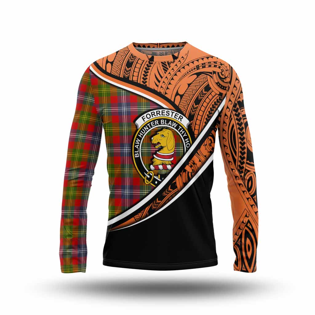 Tartan Vibes Clothing Forrester (Foster) Crest Tartan Long Sleeve T-Shirt with Maori Tattoo Style - Orange Version