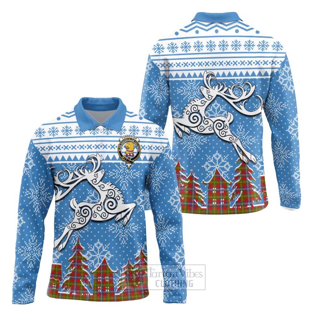 Tartan Vibes Clothing Forrester (Foster) Clan Christmas Long Sleeve Polo Shirt Celtic Reindeer Style