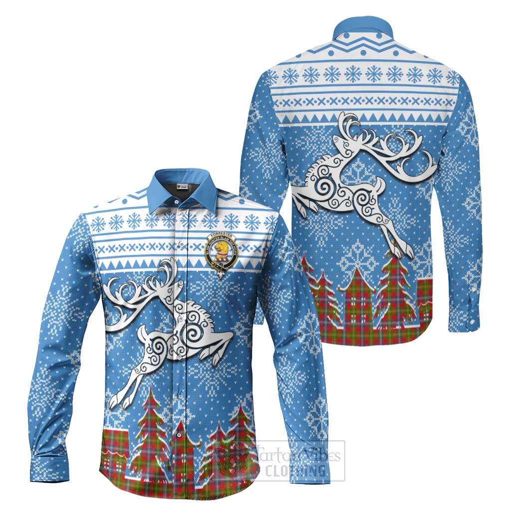 Tartan Vibes Clothing Forrester (Foster) Clan Christmas Long Sleeve Button Shirt Celtic Reindeer Style