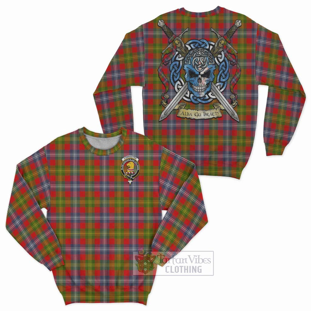 Tartan Vibes Clothing Forrester (Foster) Tartan Sweatshirt with Family Crest Celtic Skull Style