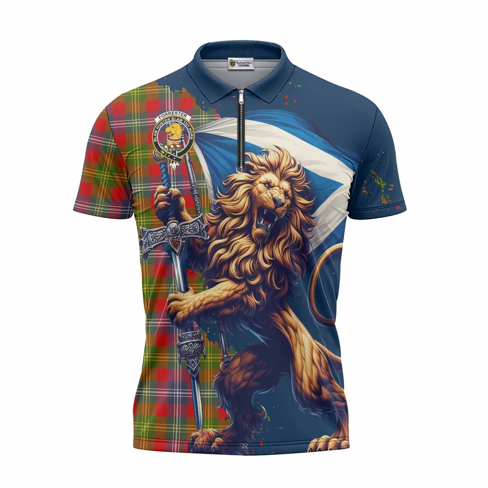 Tartan Vibes Clothing Forrester (Foster) Tartan Family Crest Zipper Polo Shirt with Scottish Majestic Lion