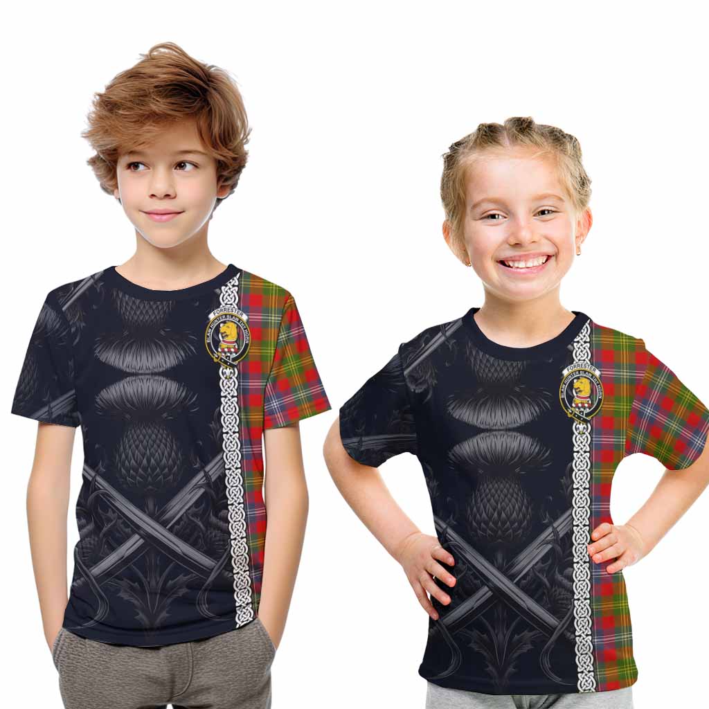 Tartan Vibes Clothing Forrester (Foster) Tartan Kid T-Shirt with Family Crest Cross Sword Thistle Celtic Vibes