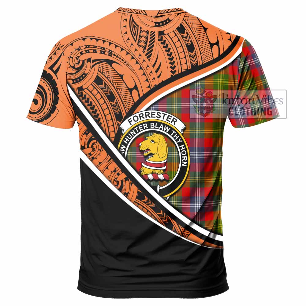 Tartan Vibes Clothing Forrester (Foster) Crest Tartan T-Shirt with Maori Tattoo Style - Orange Version