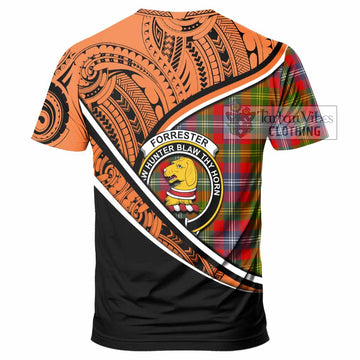 Forrester (Foster) Crest Tartan T-Shirt with Polynesian Vibes Style - Orange Version