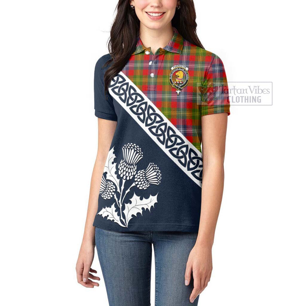 Tartan Vibes Clothing Forrester (Foster) Tartan Women's Polo Shirt Featuring Thistle and Scotland Map