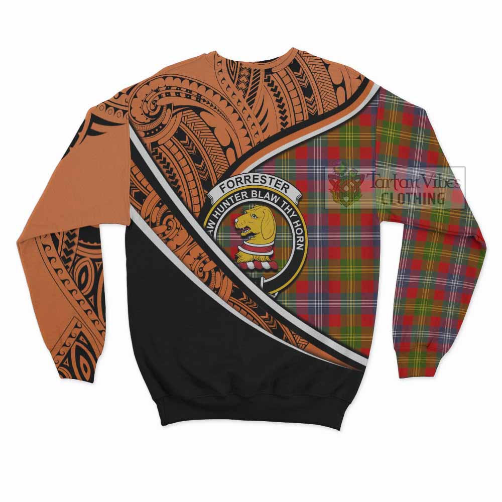 Tartan Vibes Clothing Forrester (Foster) Crest Tartan Sweatshirt with Maori Tattoo Style - Orange Version