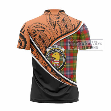 Forrester (Foster) Crest Tartan Zipper Polo Shirt with Polynesian Vibes Style - Orange Version